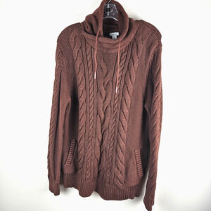 LL BEAN Fisherman Cable Knit Sweater XL Cowl Funnel Neck brown pockets